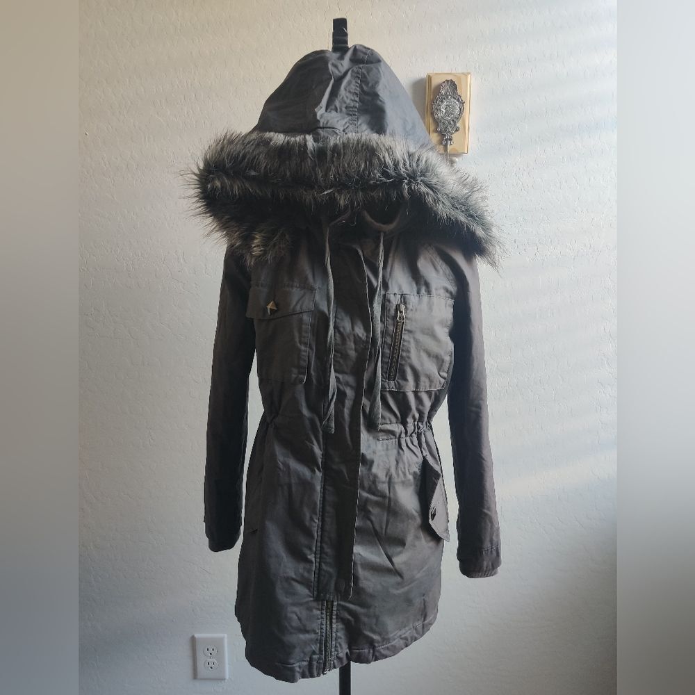 Gentle Fawn Gray Cargo 100% Cotton Fall Winter midi trenchcoat Faux Fur Hood_XS